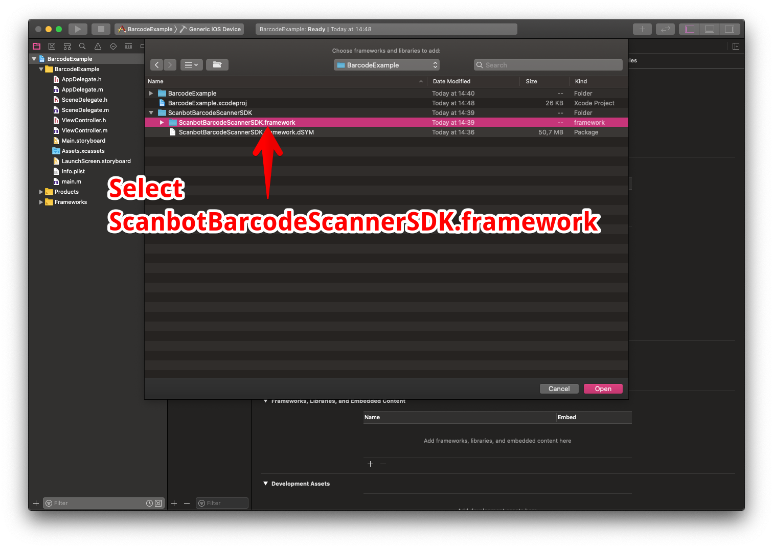 Locate and select ScanbotBarcodeScannerSDK.framework