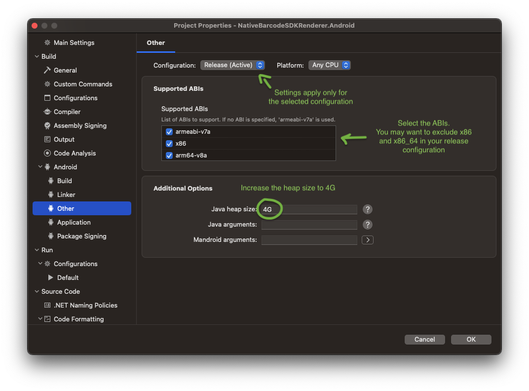 Xamarin Android ABI Settings alt