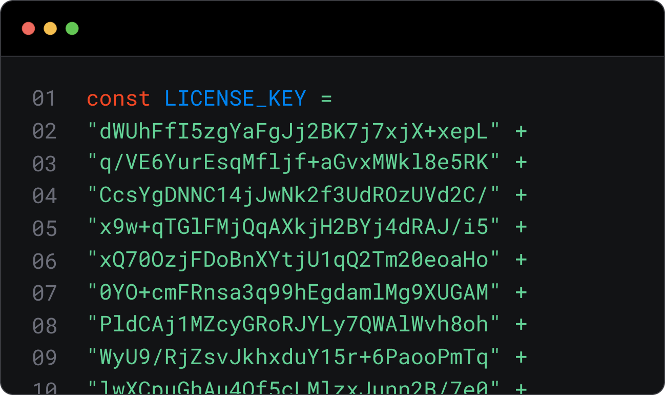 Code block showing license key variable